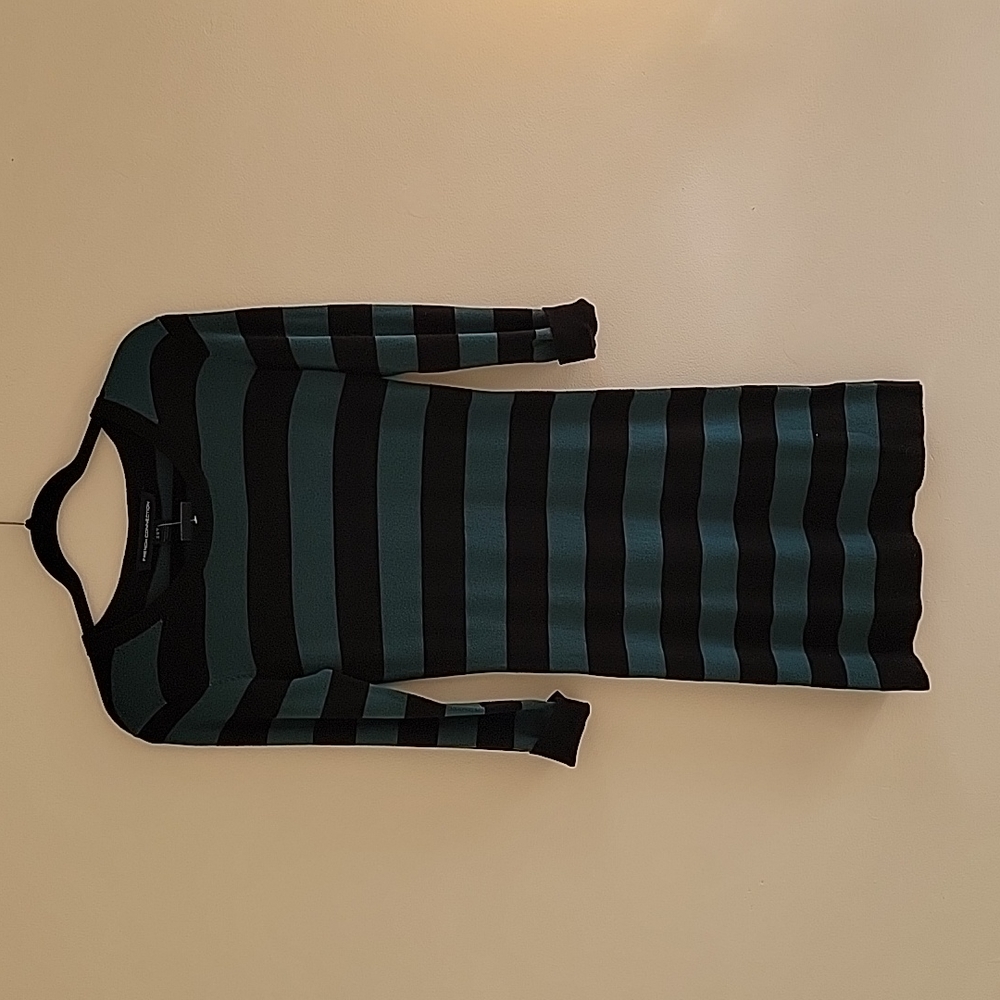 NWT French Connection Green & Black Striped Fitted Mini Sweater Dress Size:6